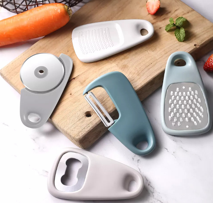 5-Piece Kitchen Gadget Set β Cheese Grater, Bottle Opener, Peeler, Pizza Cutter, And Cooking Tool