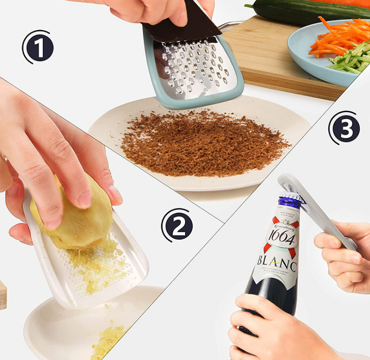 5-Piece Kitchen Gadget Set β Cheese Grater, Bottle Opener, Peeler, Pizza Cutter, And Cooking Tool